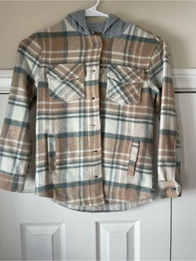 RSQ Neutral Plaid Shacket with Gray Hood